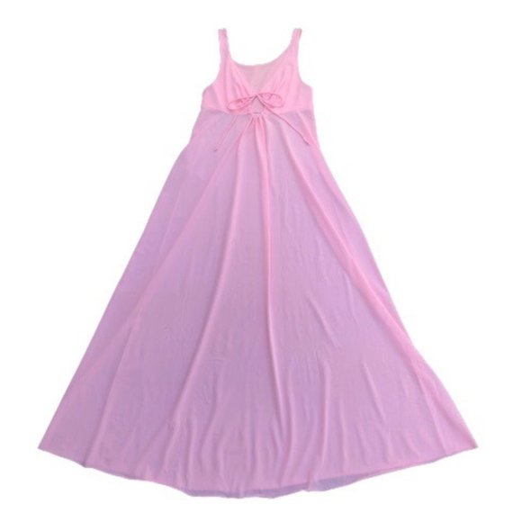 Vintage 70s Key Hole Tie Front Empire Waist Barbiecore Pink Maxi Nightgown Dress - Picture 13 of 15
